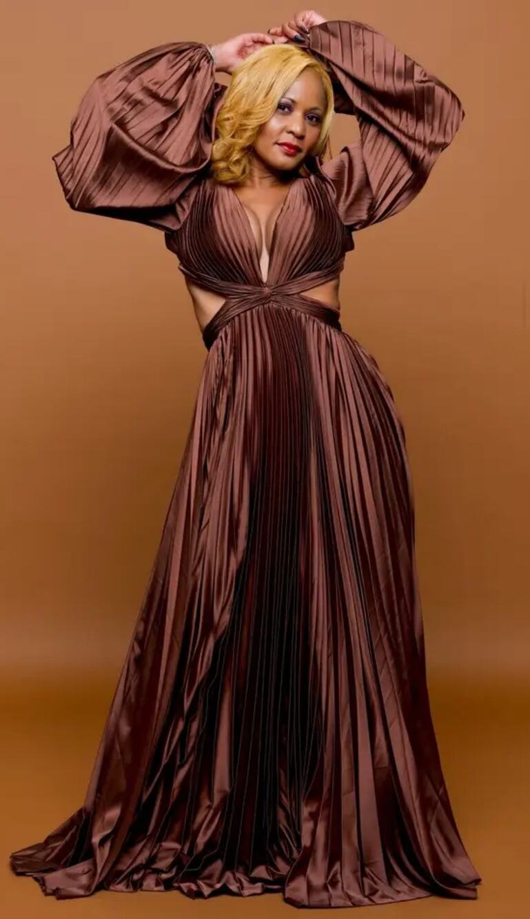 Ieena for Mac Duggal Brown Long Sleeve Pleated Full Skirt Cut Out Sides Gown 6
